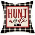 Linen Easter cushion cover with red 'HUNT mode on' text and buffalo plaid border decor - Hunt Mode Plaid Border Style (DYM66-3)
