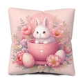 Pink pillowcase with cartoon rabbit in a teacup and spring flowers for home sofa decor - Short Plush Single Side Without Core / Tea Cup Rabbit Style (CDR230-2)
