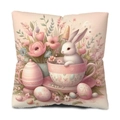 Pink rabbit in teacup pillowcase with tulips and easter eggs printed on square cushion cover - Short Plush Single Side Without Core / Floral Rabbit Style (CDR230-3)