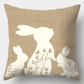 Housse de coussin de Pâques en lin avec silhouettes de lapins blancs et motifs floraux - Lin Simple Face Sans Cœur / Style Trois Lapins(DYM242-1)