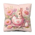 Pink pillowcase featuring a cute bunny in a floral teacup with daisies and butterflies - Short Plush Single Side Without Core / Daisy Butterfly Rabbit Style (CDR230-4)