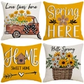 Set of 4 sunflower pillow covers with spring truck designs on linen fabric - Four Spring Theme Patterns Combination / 45x45cm Linen Single Sided Without Core