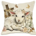 Square linen pillow cover with Easter lamb, lily flowers, and a wooden cross print - Cross and Lamb Illustration Style (DYM66-8)