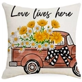 Summer sunflower pillow cover with vintage truck design and Love lives here text - Love lives here Pickup Truck Style / 45x45cm Linen Single Sided Without Core