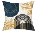 Federa per cuscino in lino moderno con cerchi blu scuro e motivi astratti di foglie oro - Design Artistico Circolare (DYM249-3)