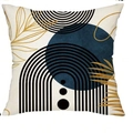 Fodera per cuscino moderna con cerchi blu e foglie di palma dorate su tessuto lino - Composizione Geometrica Combinata (DYM249-4)