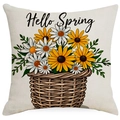 Square sunflower cushion cover with Hello Spring floral basket print for home sofa decor - Hello Spring Flower Basket Style / 45x45cm Linen Single Sided Without Core
