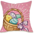 Pink linen Easter pillowcase with colorful egg basket print and Happy Easter text - Pink Polka Dot Egg Basket Style (DYM66-9)