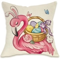 Easter flamingo bunny pillowcase with eggs and floral print on linen fabric - Flamingo Carrying Eggs Style (DYM66-10)