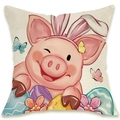 Easter linen pillow cover featuring a cute cartoon pig with bunny ears and colorful eggs - Cartoon Pig with Bunny Ears Style (DYM66-14)