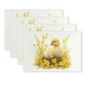 Detail view of four linen placemats featuring Easter ducklings and yellow floral patterns - Yellow Duckling And Yellow Flowers Style (YMCD2-33) / 30*45cm Linen Placemat