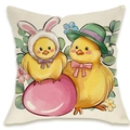 Linen Easter cushion cover with cute yellow chicks in rabbit ears and party hats - Two Chicks and Easter Egg Style (DYM66-17)
