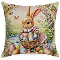 Easter throw pillow cover featuring a bunny with eggs and spring floral print design - Rabbit With Bow Style (DYM253-3) / Linen Single Side Without Core