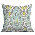 Housse de coussin bohème carrée bleue, grise et jaune avec motifs damassés symétriques - Motif Damassé (CDR49-35)