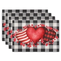 Set of 4 rectangular buffalo plaid placemats with heart patterns for Valentine table decor - 30x45cm / Plaid Base Three Hearts (CDT09-34)