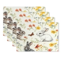 Set of 4 Easter linen placemats featuring printed rabbits, butterflies and spring wildflowers - Grey Rabbit Butterfly Wildflower Style (YMCD2-42) / 30*45cm Linen Placemat