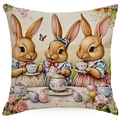 Easter throw pillow cover featuring vintage rabbits tea party illustration on linen fabric - Three Rabbits Tea Party Style (DYM253-4) / Linen Single Side Without Core