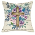 Linen Easter cushion cover with wooden cross and purple floral wreath design - Cross and Purple Flowers Style (DYM66-22)