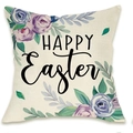 Happy Easter linen pillow case featuring purple roses and floral border design - Happy Easter Purple Roses Style (DYM66-24)