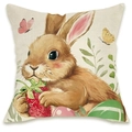 Easter bunny and strawberry print linen cushion cover for sofa decor in rustic style - Brown Rabbit with Strawberry Style (DYM66-25)