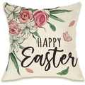 Linen Easter cushion cover with pink roses and Happy Easter text on white background - Happy Easter Flower Cluster Style (DYM66-30)
