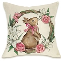 Linen pillowcase with vintage Easter bunny and floral wreath print on beige background - Rabbit with Pink Bow and Wreath Style (DYM66-31)