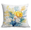 Close-up of watercolor floral and coral digital print on white square throw pillow cover - 45*45cm Short Plush Single Sided Without Core / Yellow Flower Coral Seaweed Pattern (CDR238-26)