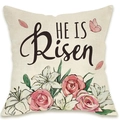 Easter linen pillow cover with floral pattern and HE IS Risen text for home decor - He Is Risen Flower Cluster Style (DYM66-32)