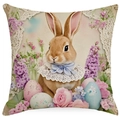 Easter rabbit pillow cover with pink roses and colorful eggs on linen fabric texture - Brown Rabbit with Blue Bow Style (DYM252-1)