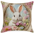 Easter decorative pillow case featuring a white bunny and floral art in a gold frame - White Rabbit in Flower Cluster Style (DYM252-2)