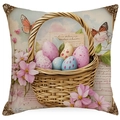 Easter throw pillow cover featuring a basket of colorful eggs, pink flowers, and butterflies - Easter Egg Basket with Butterfly Style (DYM252-3)