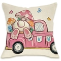 Linen Easter pillow cover with pink truck, bunny back, and mushroom print decoration - Pink Pickup Carrying Mushroom Style (DYM66-38)