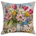 Easter floral throw pillow cover with realistic tulip daisy pattern and lace corner detail - Realistic Flower in White Vase Style (DYM252-4)