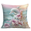 Square throw pillow cover with a pink dolphin and lily floral print in soft colors - Dolphin Sunset Lily Style (CDR113-6)