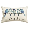 Housse de coussin en lin avec oiseaux bleus à l'aquarelle et inscription Family - Motif Oiseaux Aquarelle Bleue (DYM240-1)
