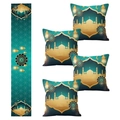 Ramadan Deko-Set mit einem Tischläufer und vier Kissenbezügen mit goldenen Moschee-Drucken - 5-teiliges Tischläufer- und Kissenbezug-Set - 1