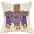 Linen Easter pillow cover with purple drape on wooden cross and rejoice text print - Cross with Purple Drip Rejoice Style (DYM66-41)
