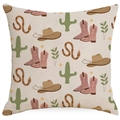 Western style square pillow cover featuring brown cowboy hat and pink boots pattern - Western Collage Cactus Cowboy Hat Style (DYM115-20)