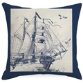 Vintage Kissenhülle mit nautischem Segelschiff-Motiv und dunkelblauem Rand Design - Segelboot Skizze (DYM271-1)