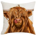 Square beige cotton linen pillowcase with hand-painted highland cow print design - Beige Fresh Highland Cow Hand-painted Style (DYM115-21)