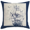 Quadratischer nautischer Kissenbezug mit Segelboot-Motiv in Dunkelblau und Off-White - Vintage Mehrmastschiff Skizze (DYM271-2)