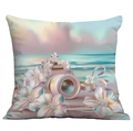 Artistic square pillow cover with vintage camera and floral ocean sunset illustration - Retro Camera Flower Beach Style (CDR113-14)