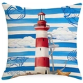 Lighthouse and anchor nautical print white linen square pillow cover with blue stripes - Lighthouse and Horizontal Stripes Style (DYM268-1)