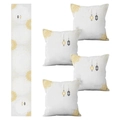 Close-up of 4 pillow covers and table runner with golden Ramadan mandala prints - 5-Piece Table Runner and Pillowcase Set (Style 3)