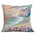 Square pillowcase featuring a romantic sunset beach scene with digital floral painting - Cottage Flower Sunset Beach Style (CDR113-16)