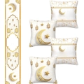Ramadan Deko-Set mit weiß-goldener Tischläufer und vier Kissenbezügen mit Mond-Stern-Motiv - 5-teiliges Set - 12 (Tischläufer- und Kissenbezug-Set)