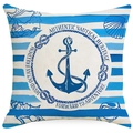 Square nautical pillowcase featuring blue anchor design and white striped linen fabric - Anchor Badge Style (DYM268-4)
