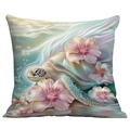 Elegant square cushion cover featuring a sea turtle and pink flowers with teal accents - Turtle Flower Pearlescent Style (CDR113-23)