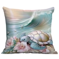 Artistic turtle throw pillow case with sea waves and pink flowers in pearlescent colors - Blue Purple Turtle Wave Style (CDR113-25)