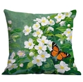 Floral pillow case with oil painting style white flowers and monarch butterfly pattern - 45x45cm